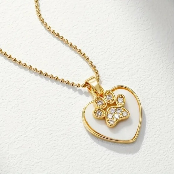Gold Plated Stainless Steel Dog Paw Heart Pendant Chain with Cubic Zirconia NWT - Picture 5 of 5